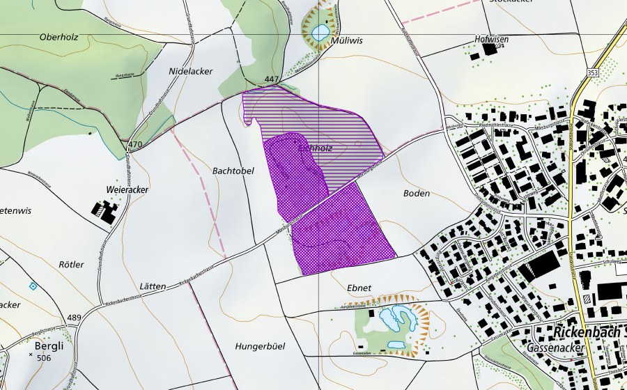 Landeskarte swisstopo mit dem Schutzperimeter von Kiesgrube Ebnet (Amphibienlaichgebiet)