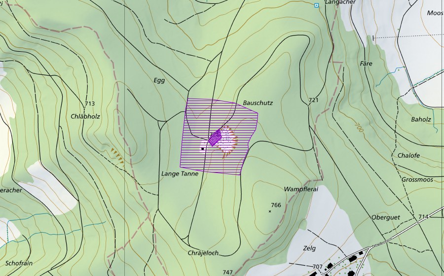 Landeskarte swisstopo mit dem Schutzperimeter von Kiesgrube Egg (Amphibienlaichgebiet)