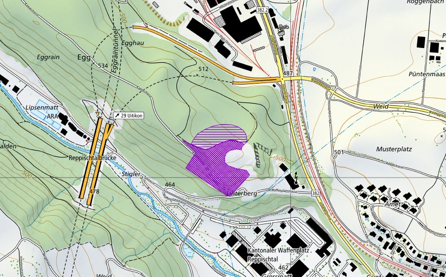 swisstopo national map showing the protected perimeter of Kiesgrube Egghau (Amphibian spawning site)