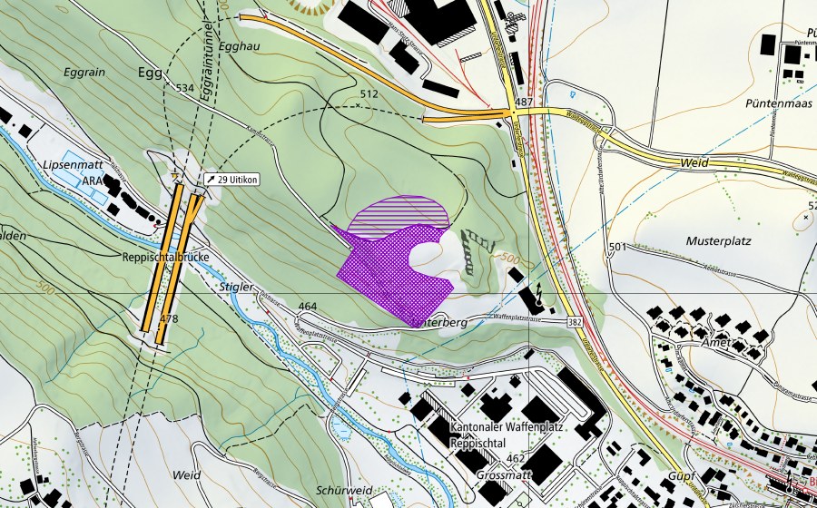 Landeskarte swisstopo mit dem Schutzperimeter von Kiesgrube Egghau (Amphibienlaichgebiet)