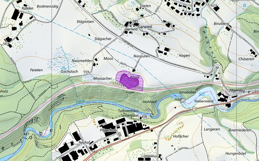swisstopo national map showing the protected perimeter of Kiesgrube Garwid (Amphibian spawning site)