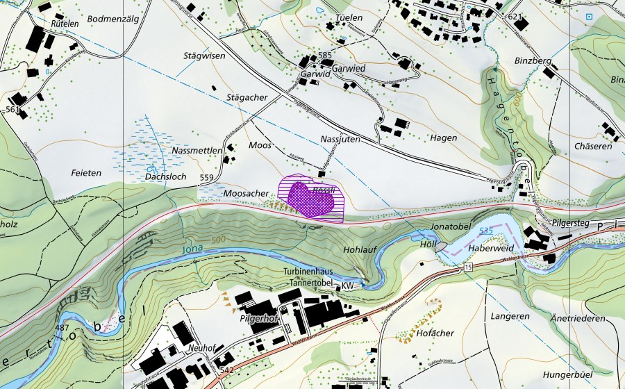 swisstopo national map showing the protected perimeter of Kiesgrube Garwid (Amphibian spawning site)