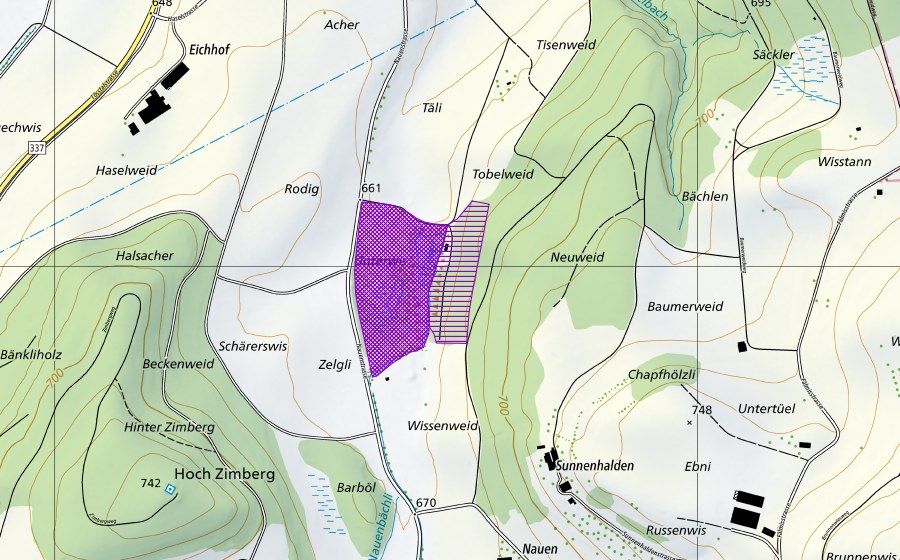 Carte nationale swisstopo avec le périmètre protégé de Kiesgrube Hasel (Site de reproduction de batraciens)