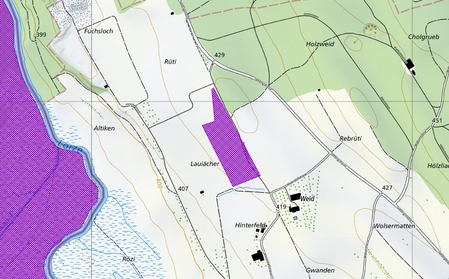 swisstopo national map showing the protected perimeter of Kiesgrube Hinterfeld (Amphibian spawning site)