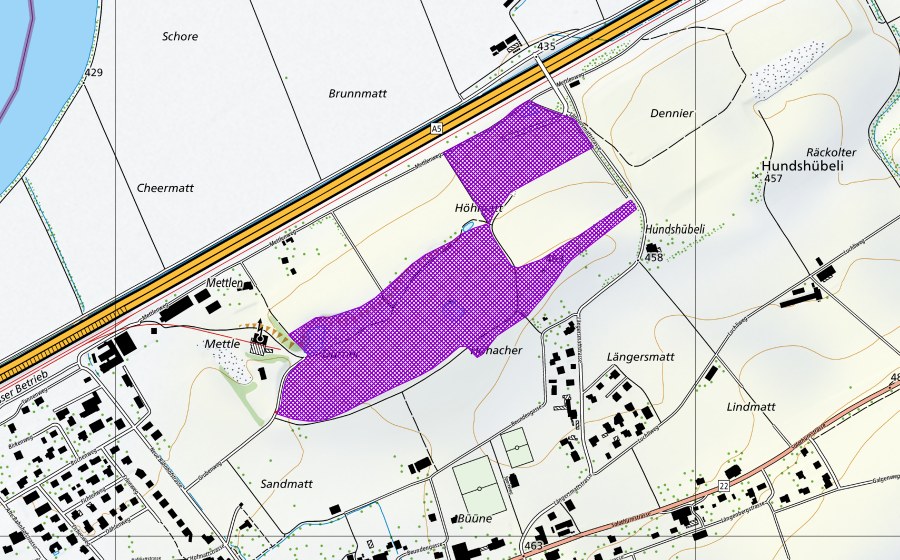 swisstopo national map showing the protected perimeter of Kiesgrube Mettlen (Amphibian spawning site)