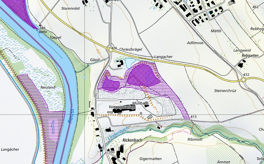 swisstopo national map showing the protected perimeter of Kiesgrube Mülibach (Amphibian spawning site)