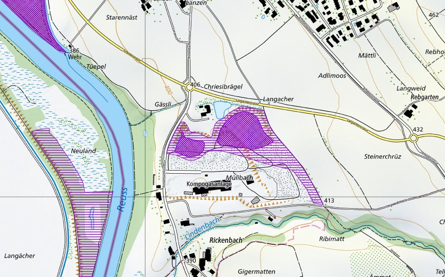 swisstopo national map showing the protected perimeter of Kiesgrube Mülibach (Amphibian spawning site)