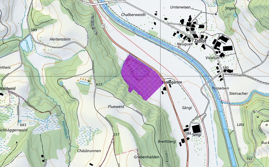 Carte nationale swisstopo avec le périmètre protégé de Kiesgrube Rosengarten (Site de reproduction de batraciens)