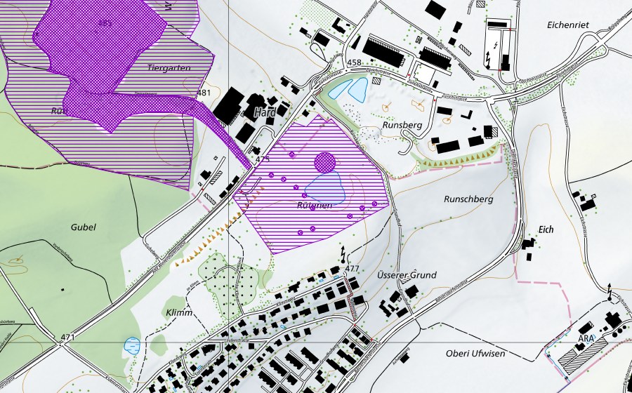 swisstopo national map showing the protected perimeter of Kiesgrube SW Runsberg (Amphibian spawning site)