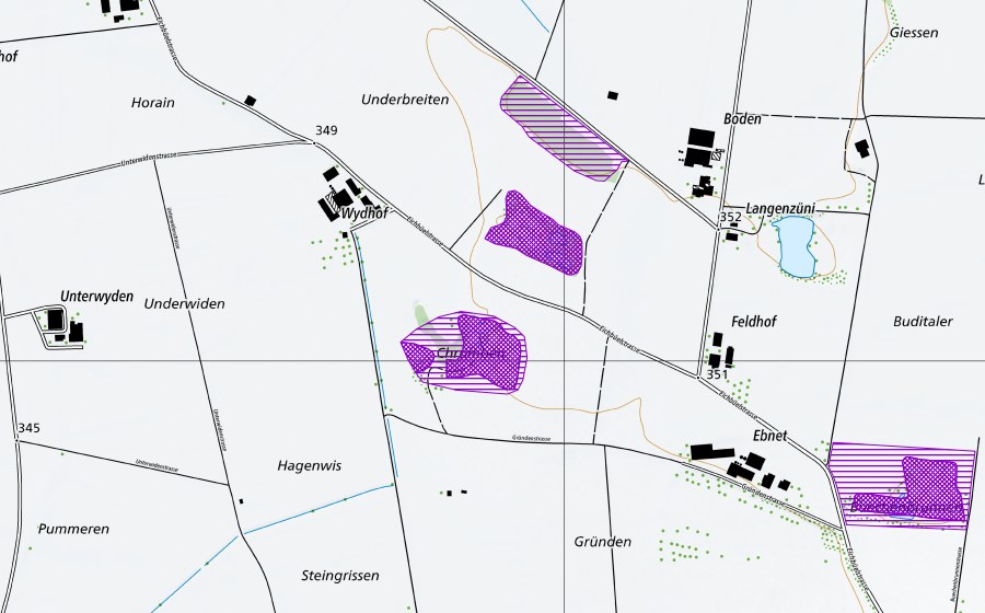 Carte nationale swisstopo avec le périmètre protégé de Kiesgruben Ebnet (Site de reproduction de batraciens)