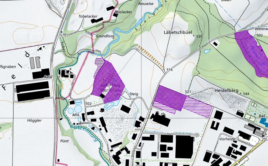 Carte nationale swisstopo avec le périmètre protégé de Kiesgruben Steig (Site de reproduction de batraciens)