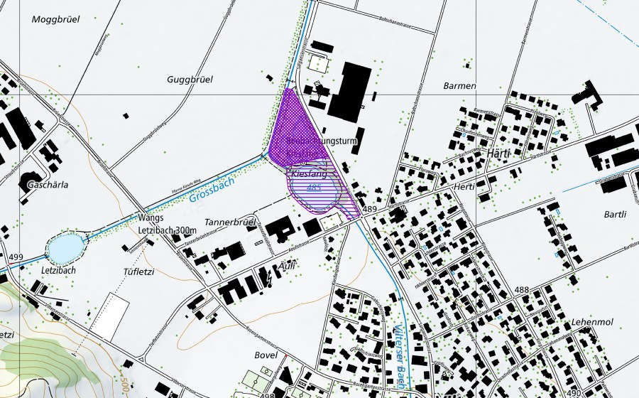 swisstopo national map showing the protected perimeter of Kiessammler Vilters (Amphibian spawning site)