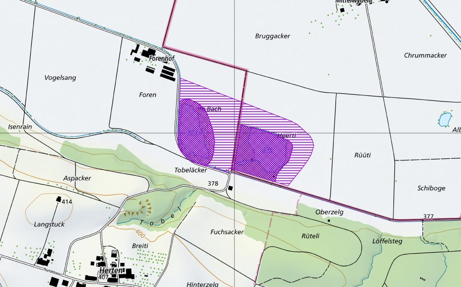 Landeskarte swisstopo mit dem Schutzperimeter von Kiesweiher Weidacker (Amphibienlaichgebiet)