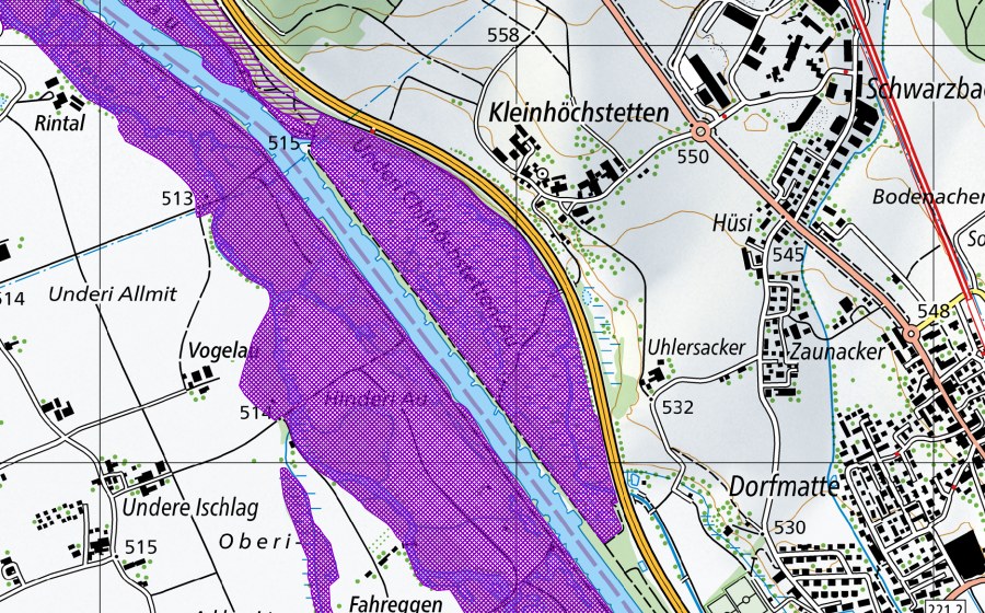 Carte nationale swisstopo avec le périmètre protégé de Kleinhöchstettenau (Site de reproduction de batraciens)