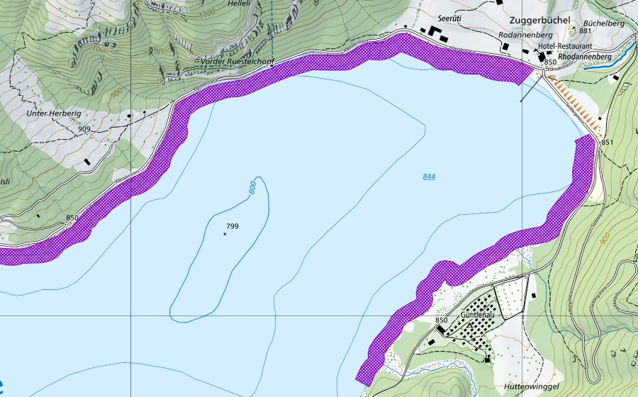 swisstopo national map showing the protected perimeter of Klöntalersee Nordostufer (Amphibian spawning site)
