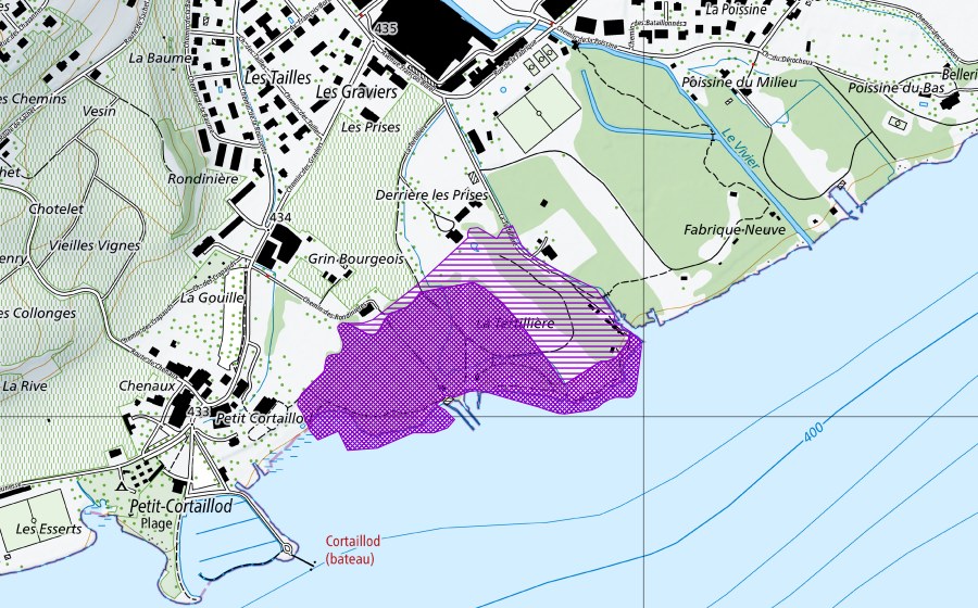swisstopo national map showing the protected perimeter of La Fabrique (Amphibian spawning site)