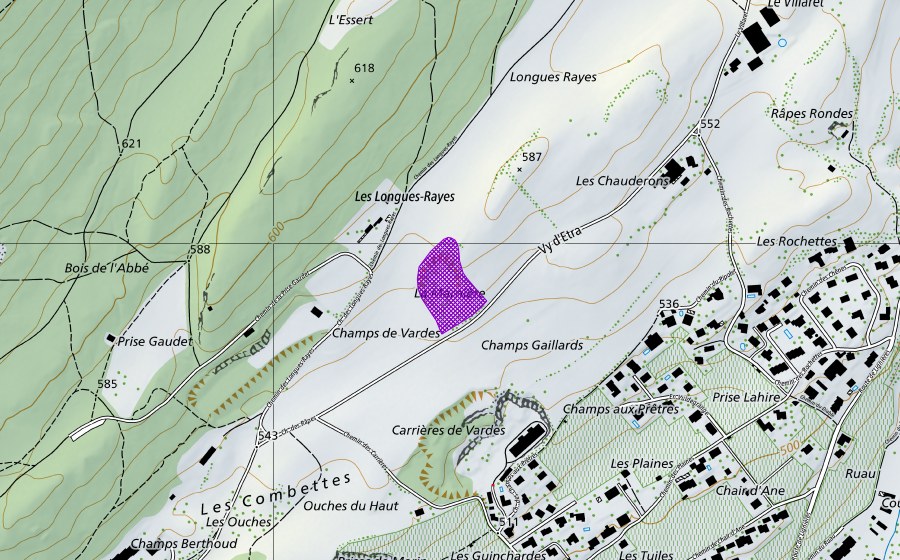 Carte nationale swisstopo avec le périmètre protégé de La Marnière d'Hauterive (Site de reproduction de batraciens)