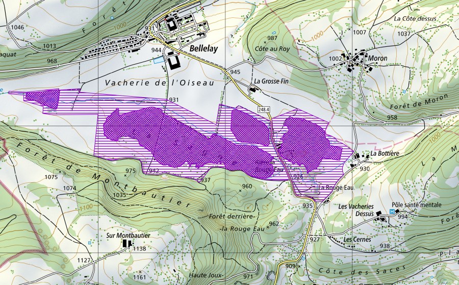 swisstopo national map showing the protected perimeter of La Noz, tourbière de La Sagne (Amphibian spawning site)