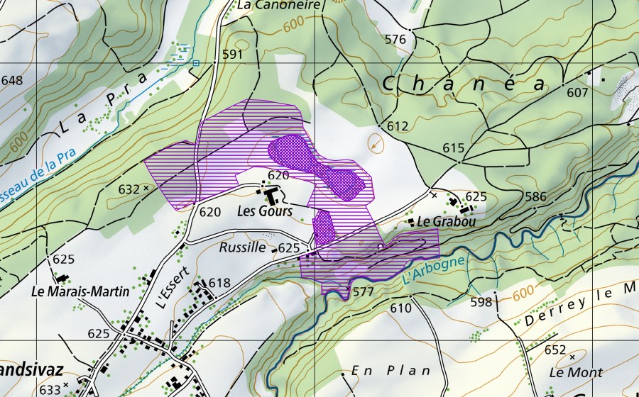 Landeskarte swisstopo mit dem Schutzperimeter von La Russille, Vers les Gours (Amphibienlaichgebiet)