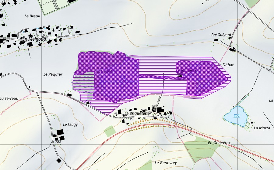 Landeskarte swisstopo mit dem Schutzperimeter von La Tuilerie (Amphibienlaichgebiet)