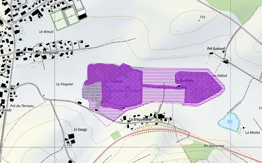 swisstopo national map showing the protected perimeter of La Tuilerie (Amphibian spawning site)