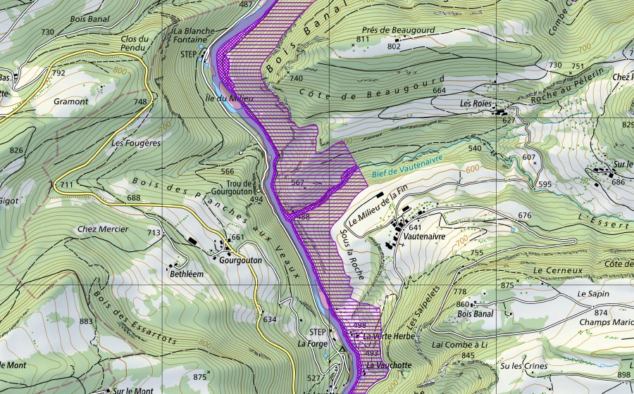 Carte nationale swisstopo avec le périmètre protégé de La Vauchotte-Bois Banal (Site de reproduction de batraciens)