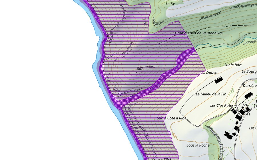 swisstopo national map showing the protected perimeter of La Vauchotte-Bois Banal (Amphibian spawning site)