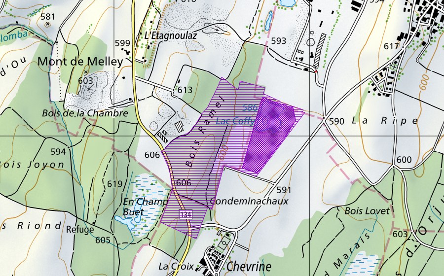 Carte nationale swisstopo avec le périmètre protégé de Lac Coffy, Bois Ramel (Site de reproduction de batraciens)