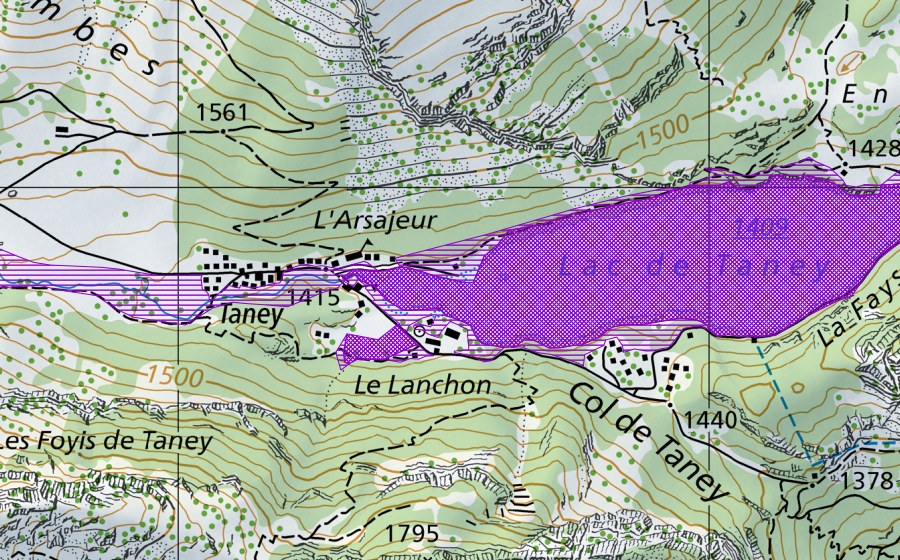 Carte nationale swisstopo avec le périmètre protégé de Lac de Tanay (Site de reproduction de batraciens)