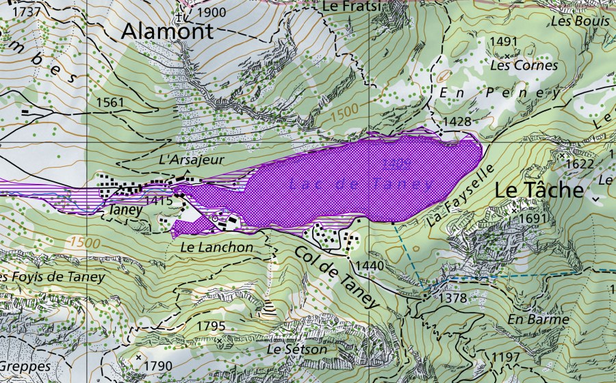 Landeskarte swisstopo mit dem Schutzperimeter von Lac de Tanay (Amphibienlaichgebiet)