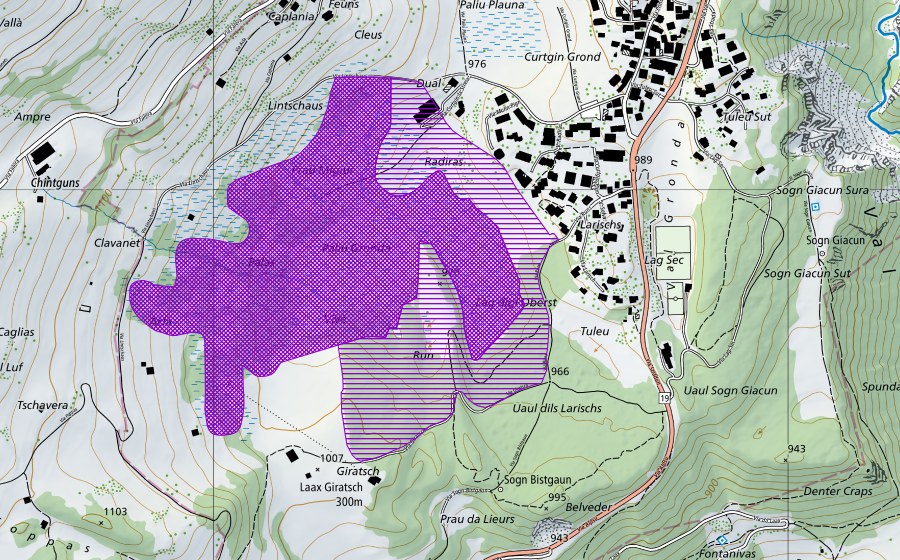 swisstopo national map showing the protected perimeter of Lag digl Oberst (Amphibian spawning site)