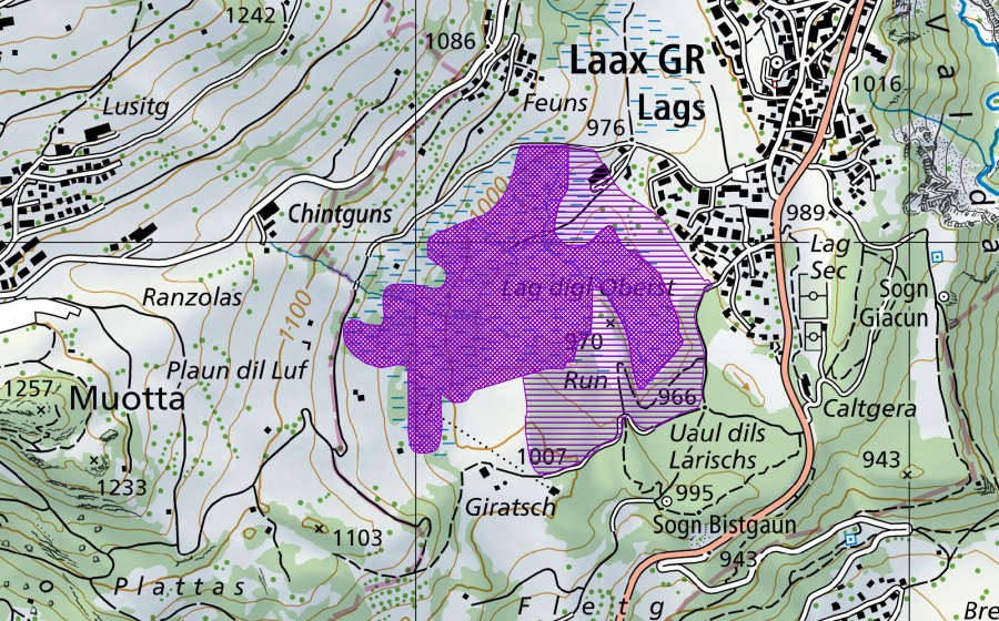 Carte nationale swisstopo avec le périmètre protégé de Lag digl Oberst (Site de reproduction de batraciens)