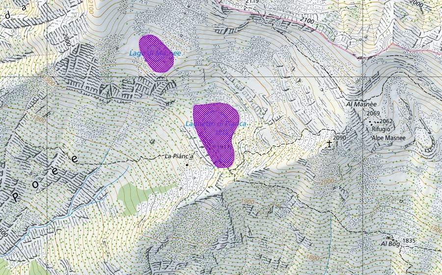 swisstopo national map showing the protected perimeter of Laghetto Pianca (Amphibian spawning site)
