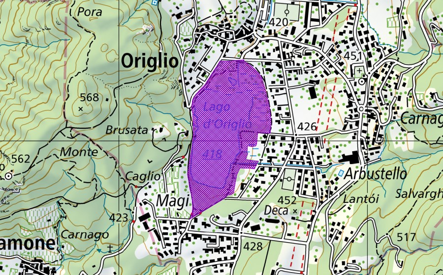 swisstopo national map showing the protected perimeter of Lago d'Origlio (Amphibian spawning site)