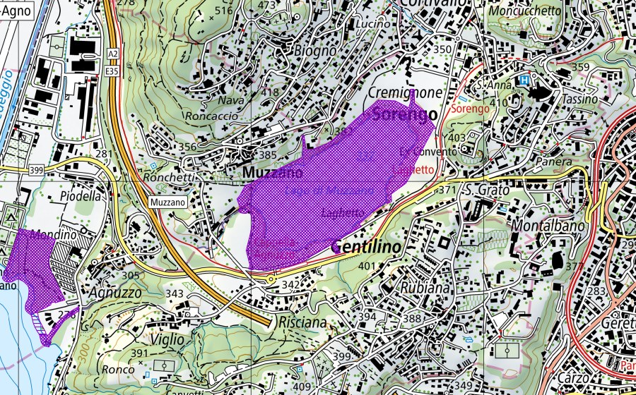 Carte nationale swisstopo avec le périmètre protégé de Lago di Muzzano (Site de reproduction de batraciens)