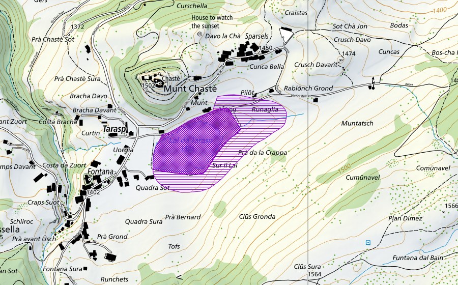 Carte nationale swisstopo avec le périmètre protégé de Lai da Tarasp (Site de reproduction de batraciens)