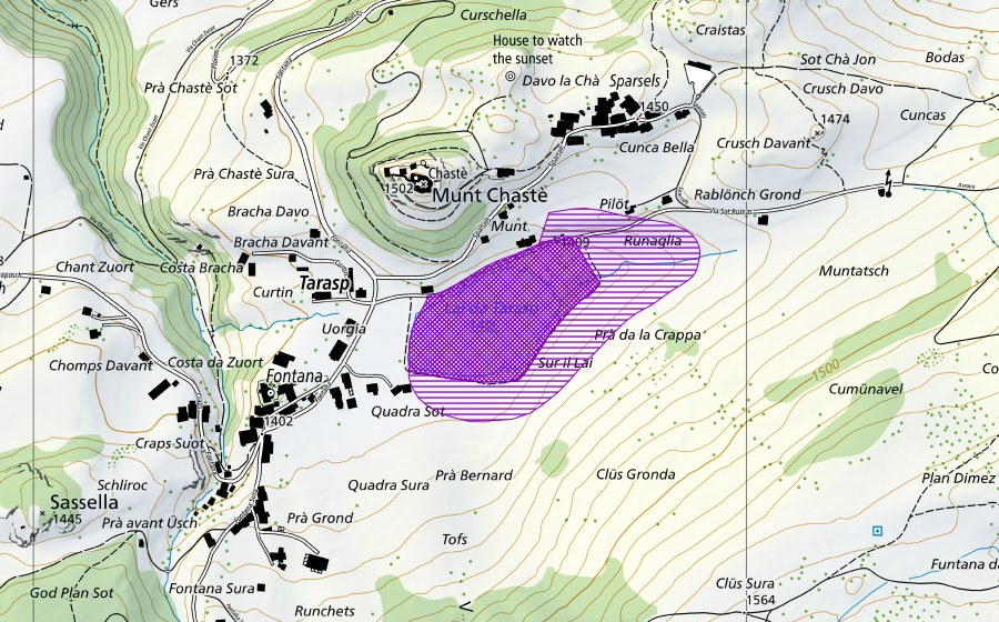 Carta nazionale swisstopo con il perimetro protetto di Lai da Tarasp (Sito di riproduzione di anfibi)