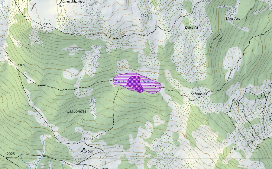 Landeskarte swisstopo mit dem Schutzperimeter von Lai da Valpaschun (Amphibienlaichgebiet)