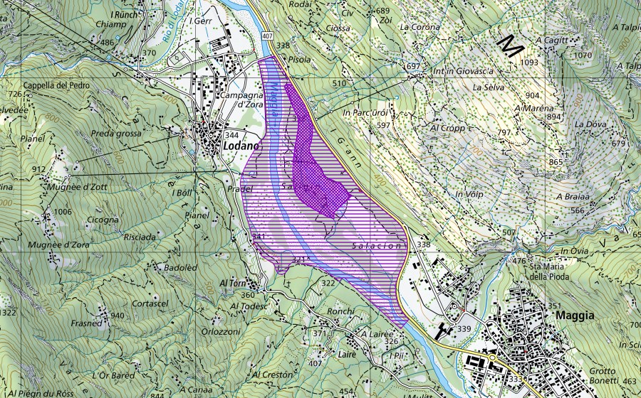 Landeskarte swisstopo mit dem Schutzperimeter von Lanca Saligin (Amphibienlaichgebiet)