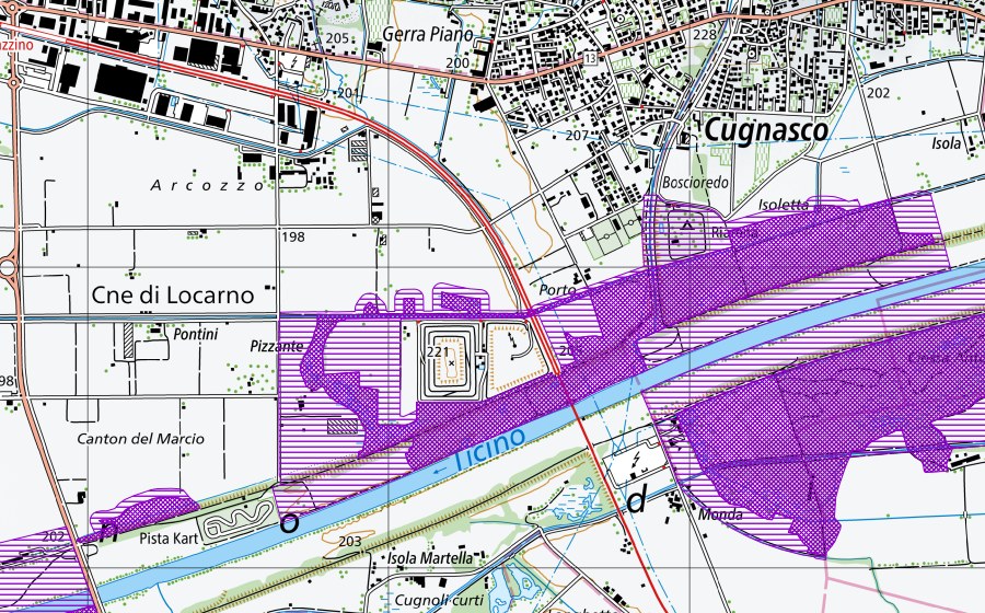 swisstopo national map showing the protected perimeter of Lanche Al Pizzante (Amphibian spawning site)