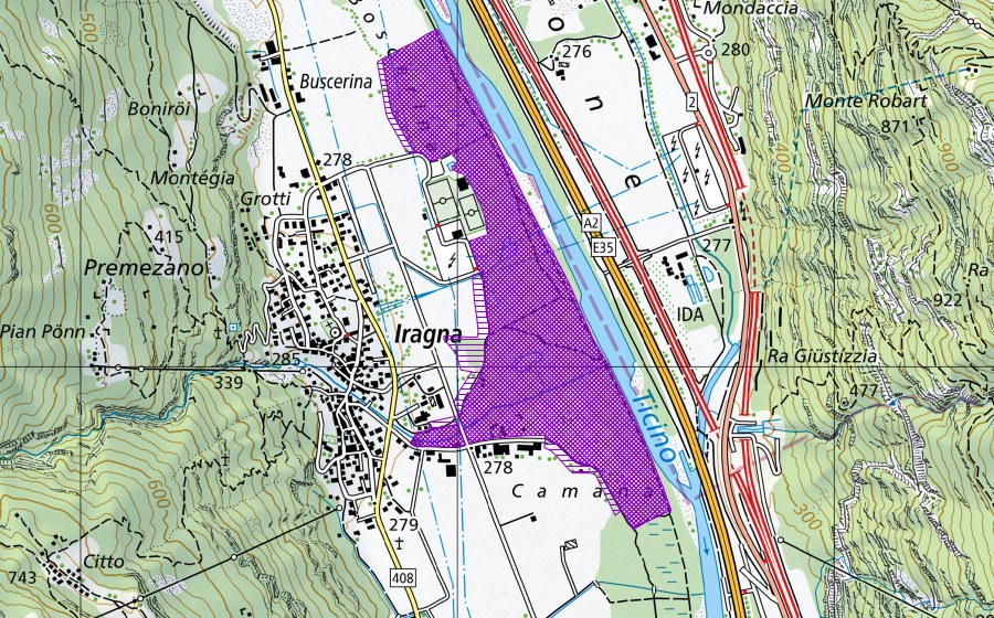 Landeskarte swisstopo mit dem Schutzperimeter von Lanche di Iragna (Amphibienlaichgebiet)