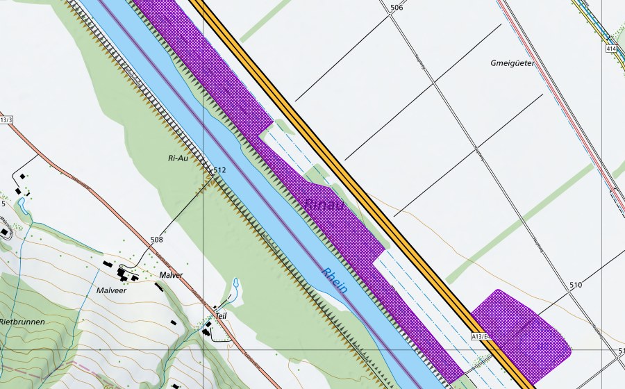 swisstopo national map showing the protected perimeter of Länder (Amphibian spawning site)