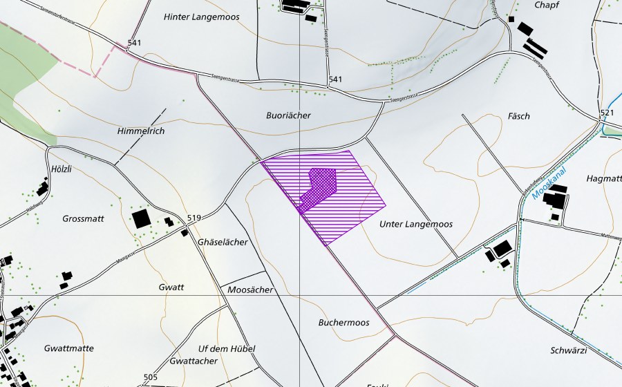 Landeskarte swisstopo mit dem Schutzperimeter von Langenmoos (Amphibienlaichgebiet)
