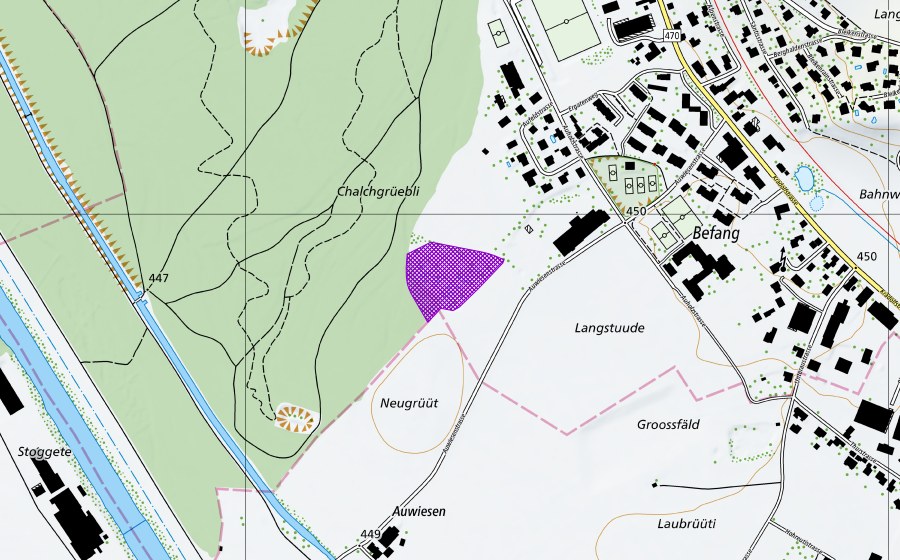 Landeskarte swisstopo mit dem Schutzperimeter von Langstuden Befang (Amphibienlaichgebiet)