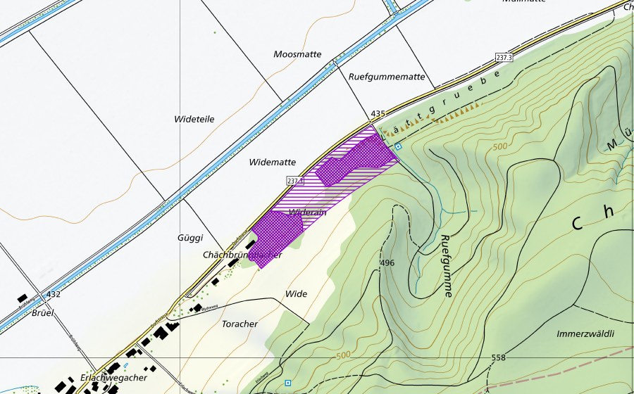 swisstopo national map showing the protected perimeter of Lätti Gals (Amphibian spawning site)