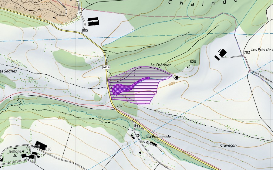 Carta nazionale swisstopo con il perimetro protetto di Le Châtelet (Sito di riproduzione di anfibi)