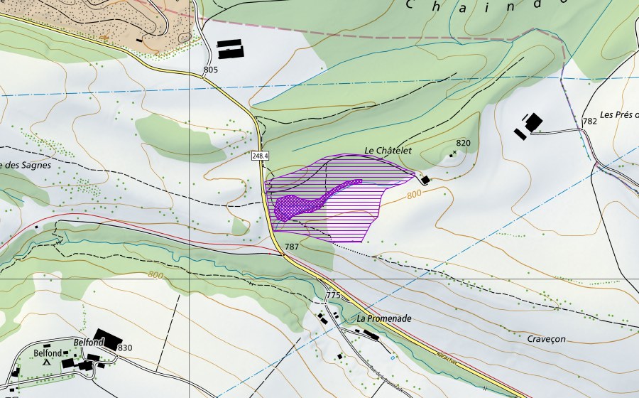 swisstopo national map showing the protected perimeter of Le Châtelet (Amphibian spawning site)