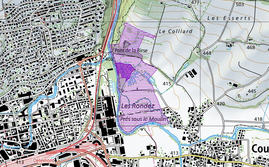 swisstopo national map showing the protected perimeter of Le Colliard (Amphibian spawning site)