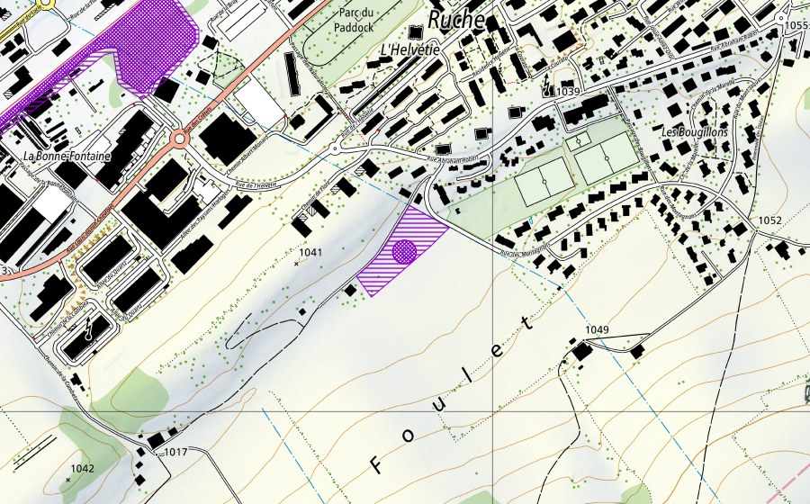 swisstopo national map showing the protected perimeter of Le Foulet (Amphibian spawning site)