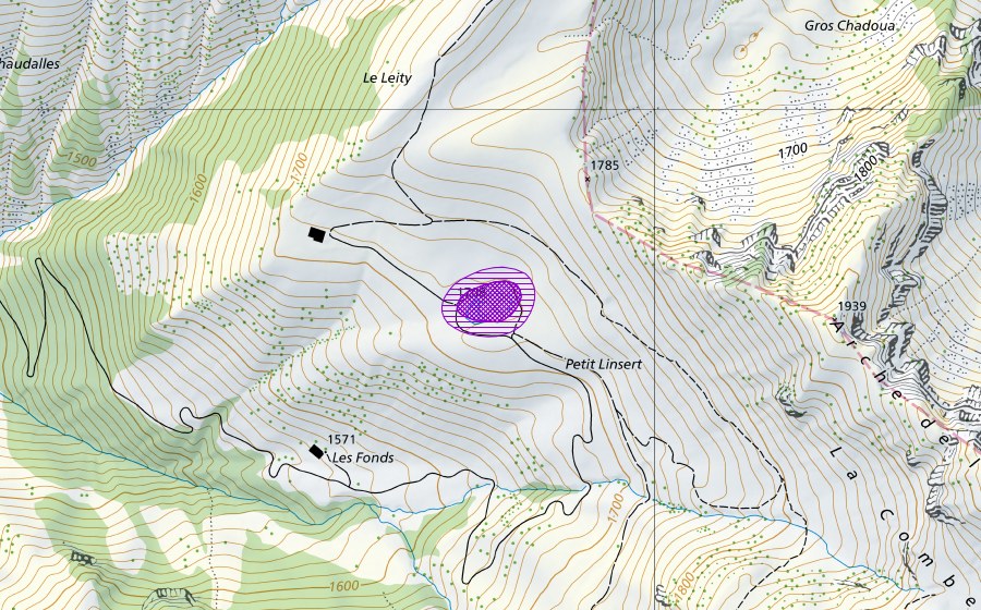 Carte nationale swisstopo avec le périmètre protégé de Le Lity (Site de reproduction de batraciens)